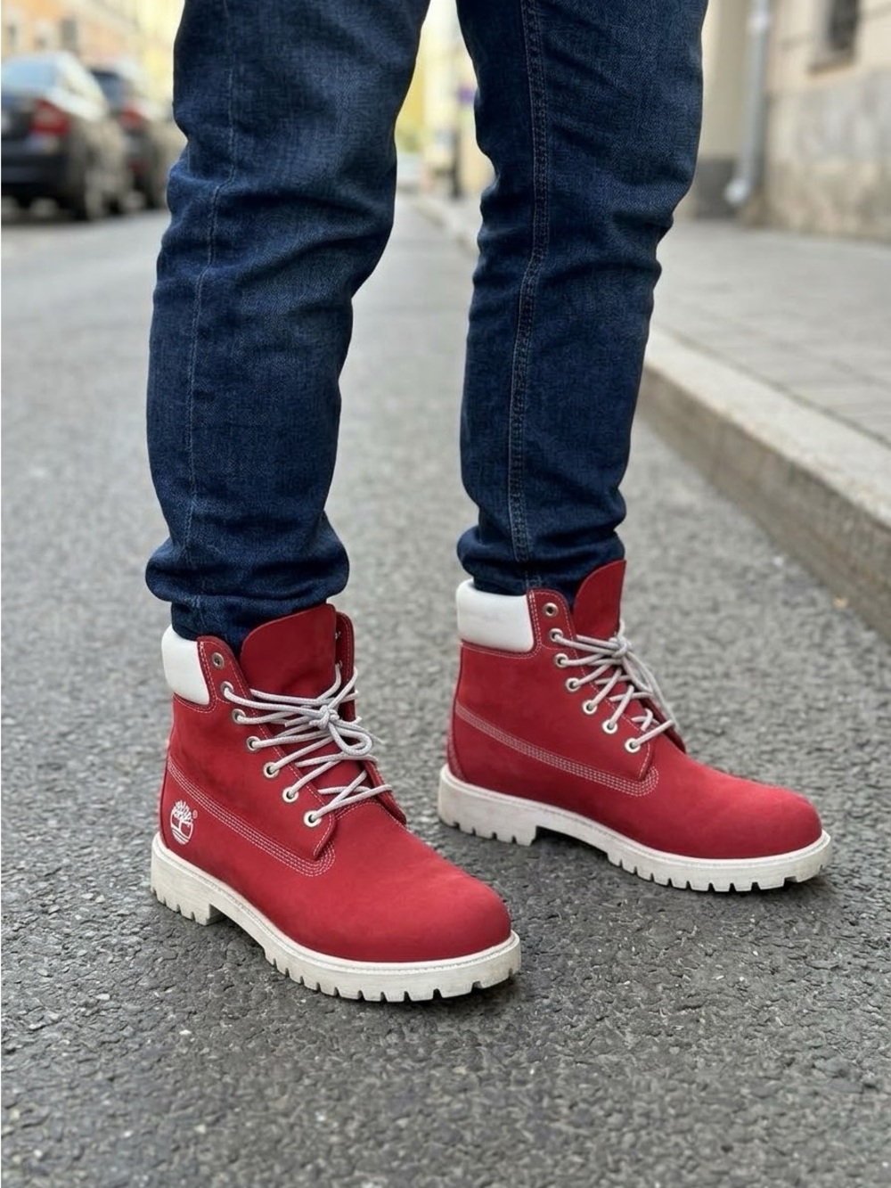 Timberland Red White Ankle Boots Lace Up Flat Logo Accent Size 11M